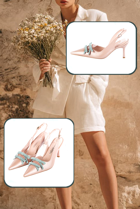 Women's powder pink and aquamarine blue elegant slingback heels, with a bow on the front. Pointed toe. High slim heel - Top view